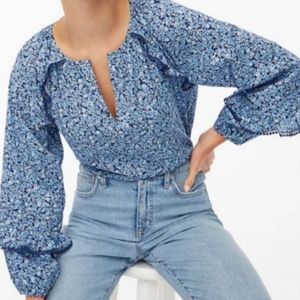 J. Crew Blue Floral Pom Pom Trim Peasant Top Cotton Medium